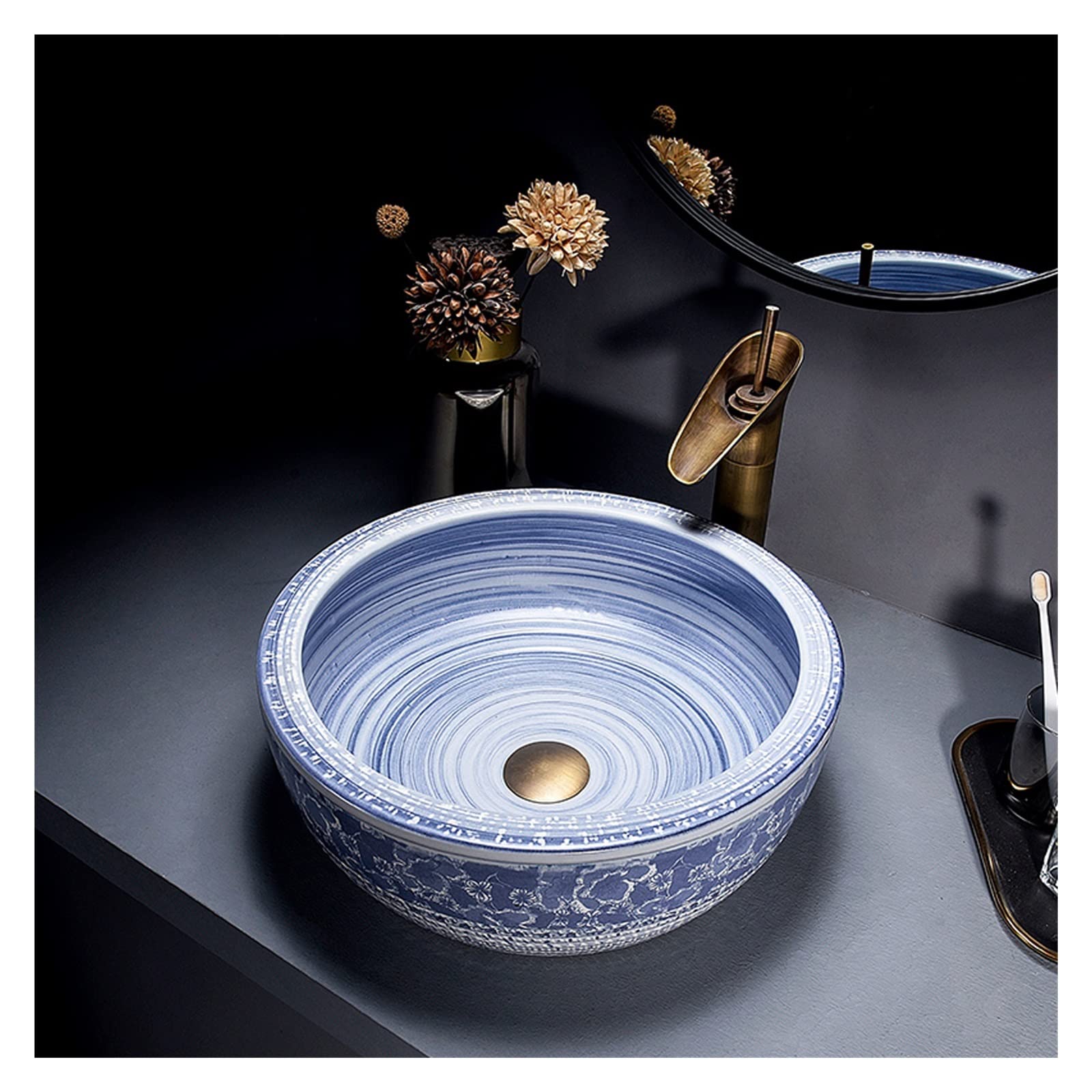 Sjdopulse Blue/White Chinese Style Vessel Sink And Faucet Combo, Round Bathroom Ceramic Artistic Bowl Art Basin, Above Counter Porcelain Lavatory Vanity Sinks