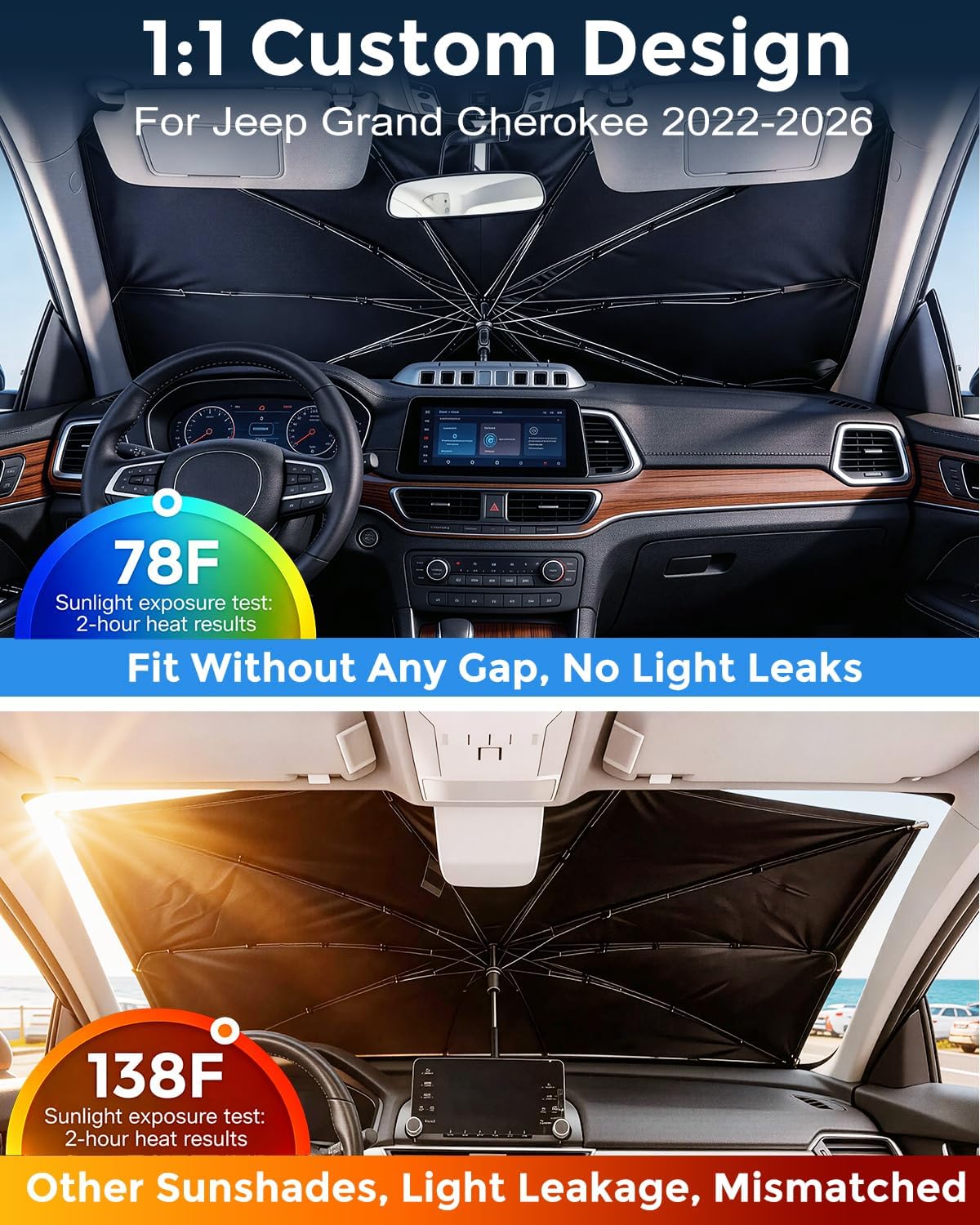[2026 Upgraded] Weektic Custom Windshield Sun Shade Umbrella for Jeep Grand Cherokee 2022-2026, [Double Thickened Ice Crystal Coating] Sun & Heat Protection, Keep Vehicle Cool & Protect Interior