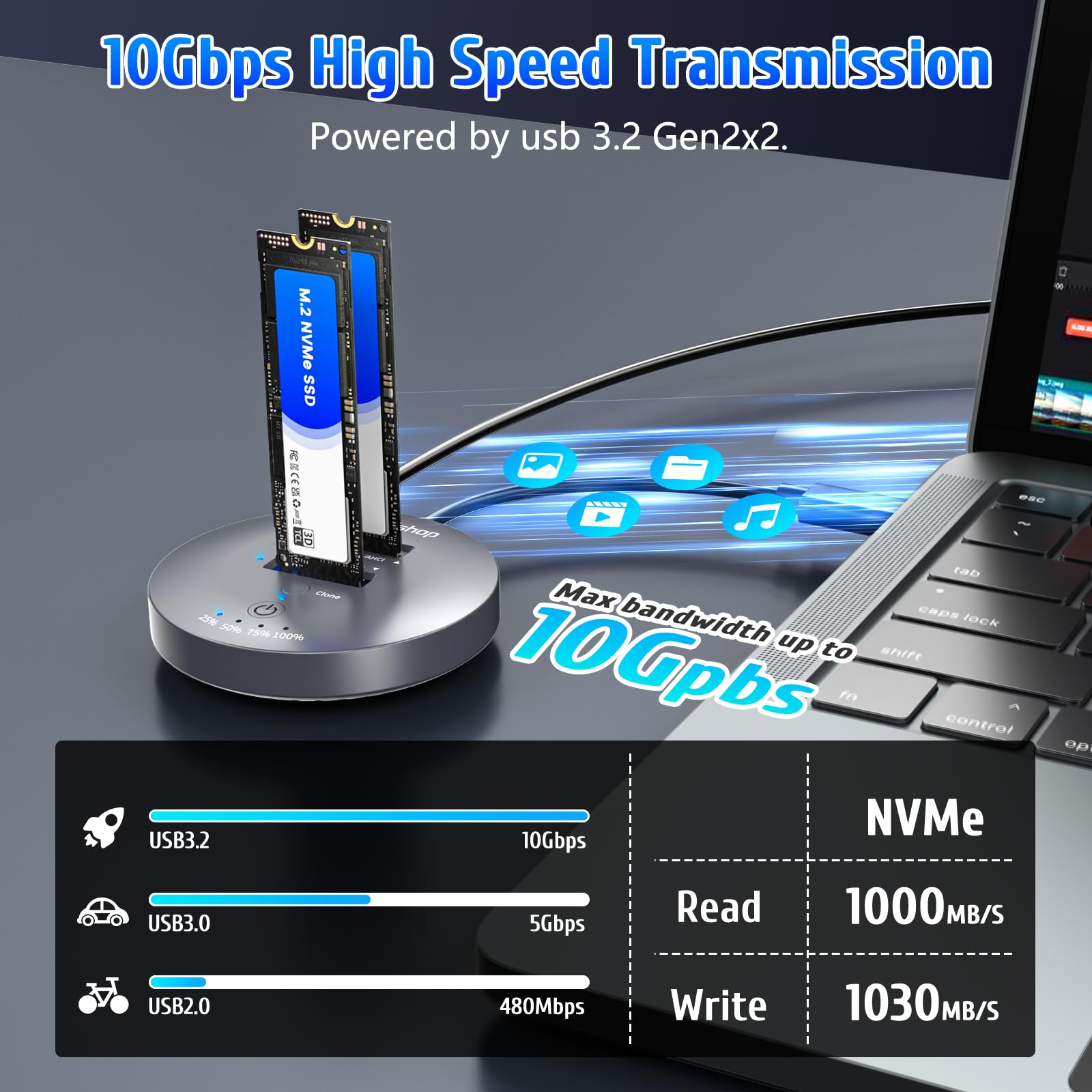 Stacja dokująca M.2 NVMe SSD Cloner 10 Gb/s Dual-Bay NVMe do USB, obsługuje klon offline, UASP, adapter obudowy SSD USB 3.2 Gen 2, stacja dokująca M.2 do SSD rozmiar 2230