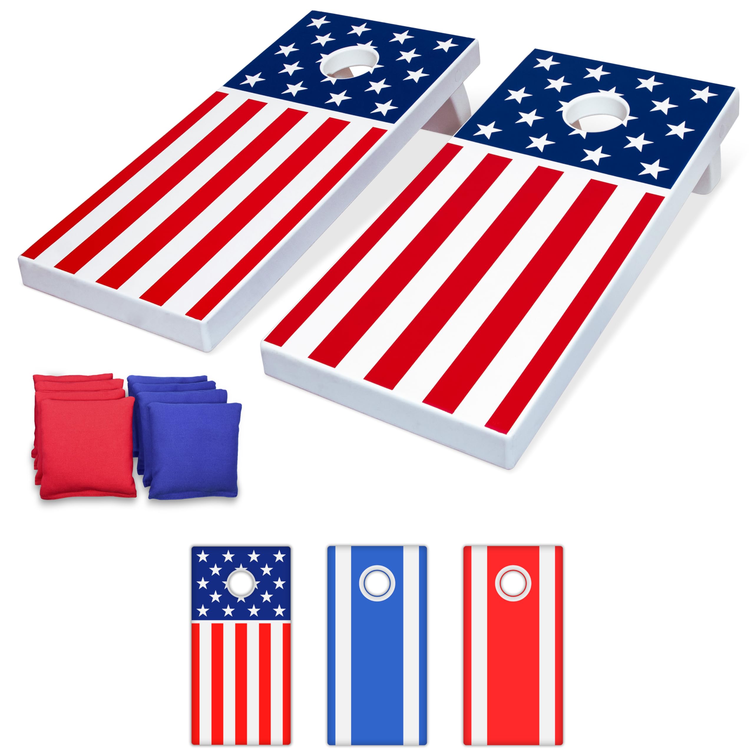 gosports 4 ft x 2 ft all weather cornhole game set - includes 8 bean bags & game rules (choose between american flag, red, and blue designs)
