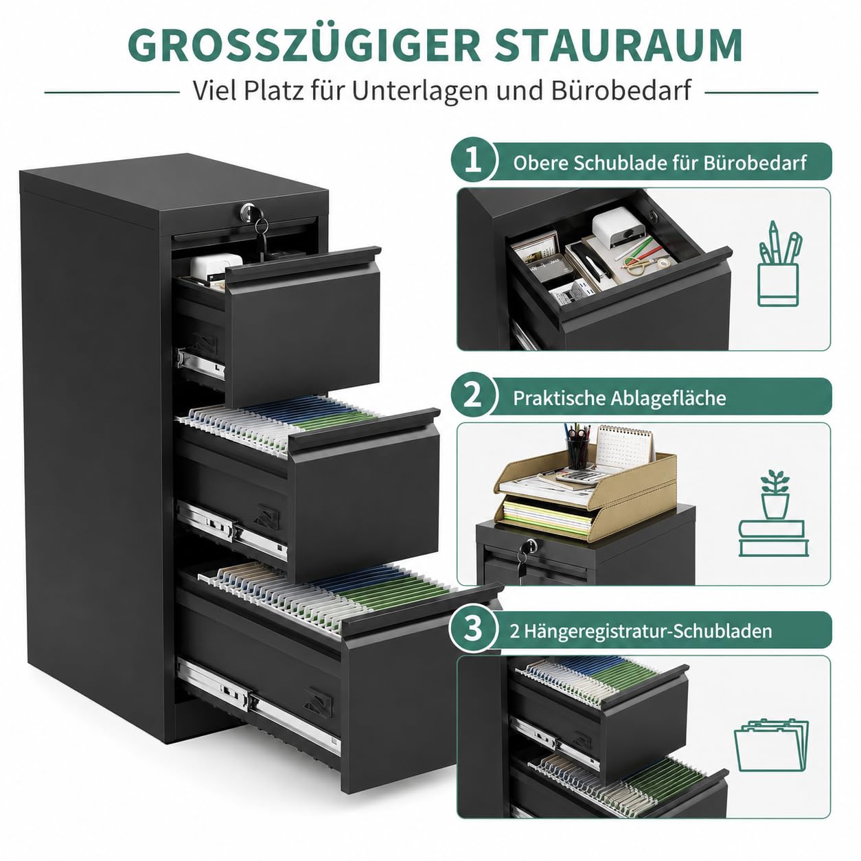Metall-Hängeregisterschrank mit 3 Schubladen, abschließbar, Anti-Kipp-Interlock, für Letter Legal A4 F4 Dokumente, 103 cm hoch, für Homeoffice Büro Wohnheim, Schwarz