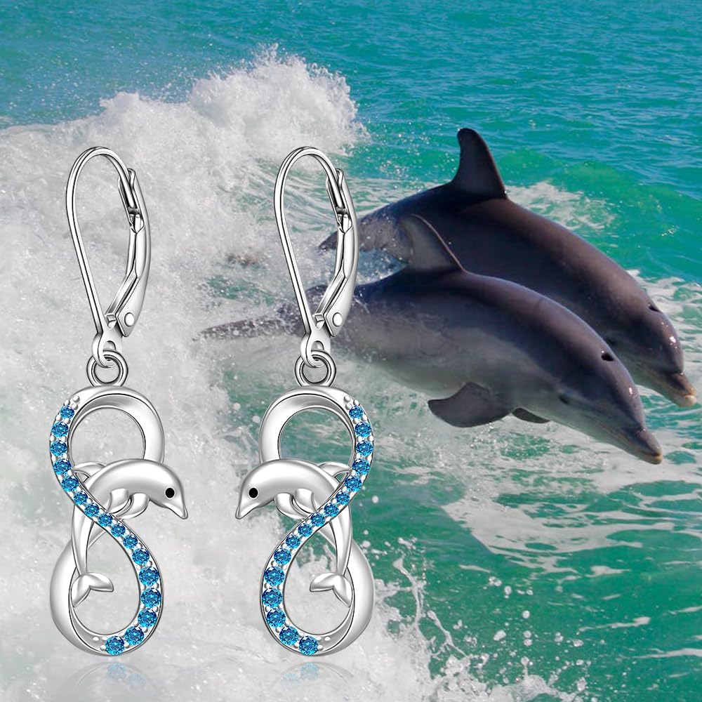 Dolphin Earrings for Women Beach Summer Infinity Earrings Sterling Silver Dolphins Earring Blue CZ Ocean Nautical Jewelry for Best Friend Christmas Gift - Image 5