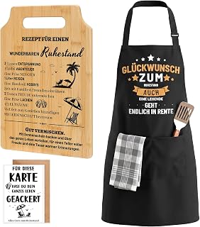 Renteneintritt Geschenk Männer, Ruhestand Geschenkset mit Grillschürze, Bambus Schneidebrett & Karte, Abschiedsgeschenk für Chef, Kollegen, Papa