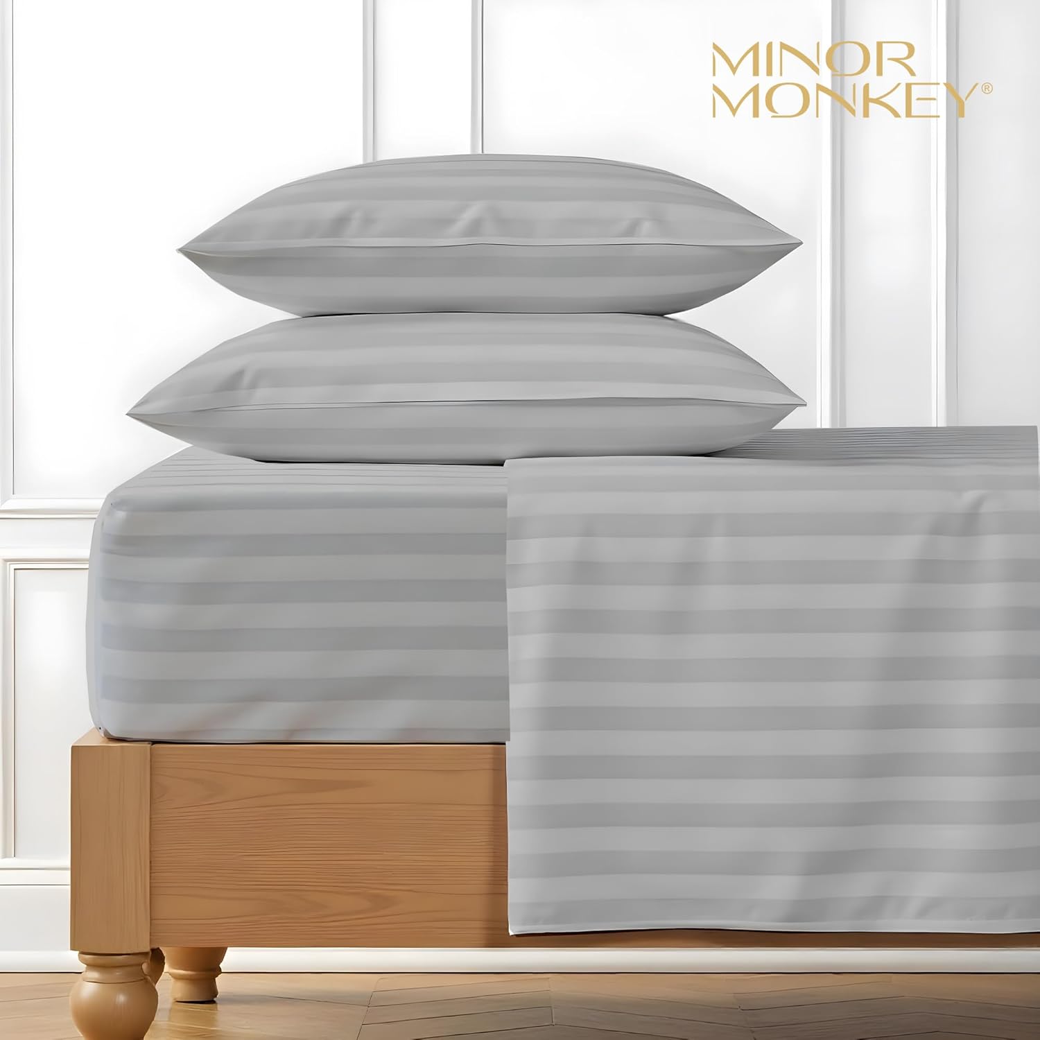 100% Egyptian Cotton Queen Size Damask Striped Sheets, 1000 Thread Count Luxury Breathable Sheet, 4Pc Queen Size Bed Sheet Set, Long Staple 16" Deep Pocket Sheets Set: Light Grey - Image 2