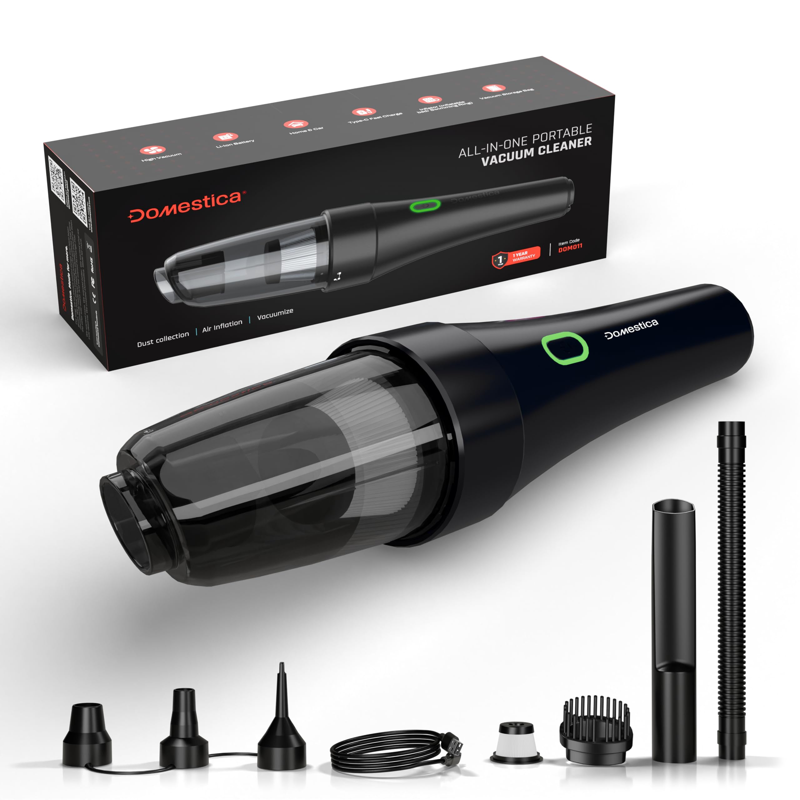 DOMESTICA All-in-1 Portable Car Vacuum Cleaner for Home Use | Cordless Handheld Vacuum Cleaner with Blower & Inflator | 2 Speed Suction Upto 9Kpa | Rechargeable 2000Mah*3 | 1 Yr Warranty (Black)-image-33