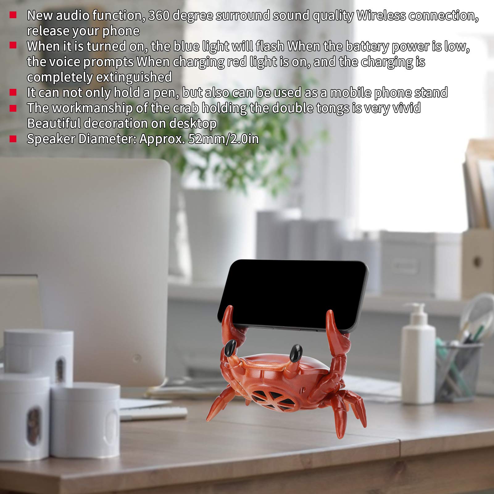 GOWENIC 2 in 1 Portable Speaker Crab Shape Bracket 360 Degree Surround Sound Speaker for Desktop (Red)