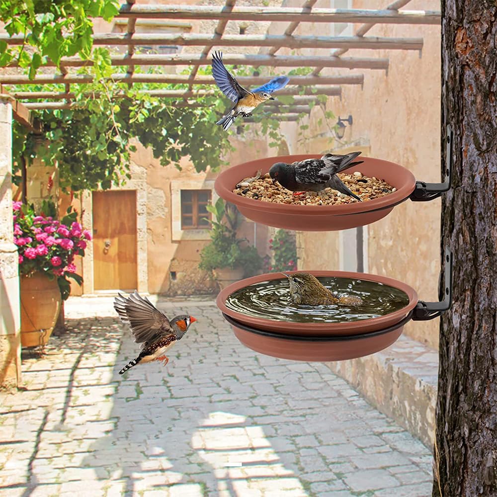Alnicov Mangeoire à oiseaux et bain d'oiseaux 2 pièces, balustrade de balcon, support mural rond