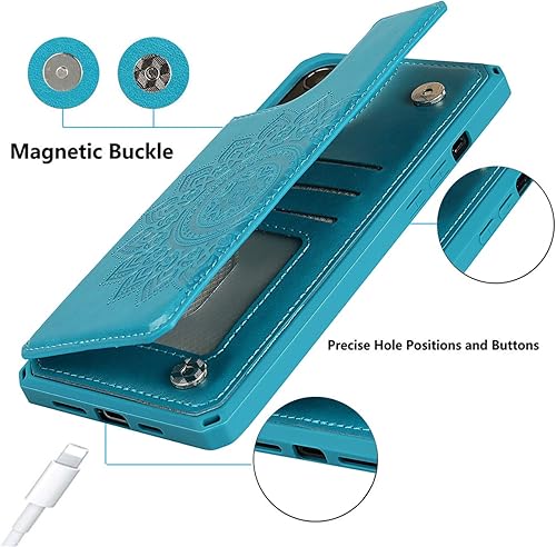 Miniatura 5 de iCoverCase Funda compatible con iPhone 12 Pro Max con tarjetero y correa de muñeca de piel sintética con bloqueo RFID de 6.7 pulgadas (azul mandala)