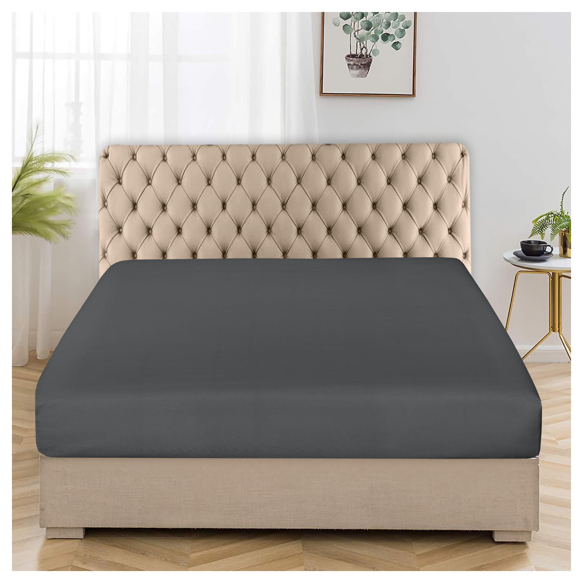 Egyptian Cotton Fitted Sheets Single - 300 Thread Count 30cm Deep Pocket Hotel Quality Bottom Sheet, Charcoal 90x190cm