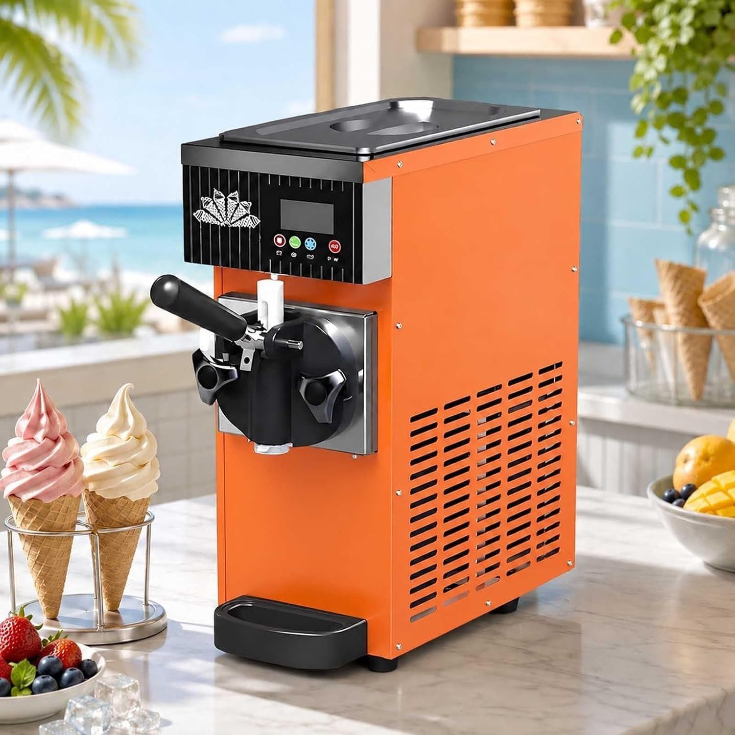 Lodówka do lodów soft serve 450W, maszyna do lodów 4-5 l/h z panelem LCD, samooczyszczanie, automat do lodów ze stali nierdzewnej, do restauracji, kawiarni, skl, Orange