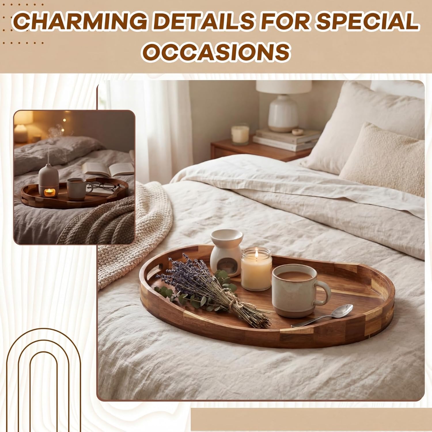 22" x 17" Extra Large Ottoman Tray with Handles, Oval Acacia Wood Serving Tray for Coffee Table, Decorative Platter for Living Room Kitchen Breakfast in Bed Counter Bathroom Candle Display