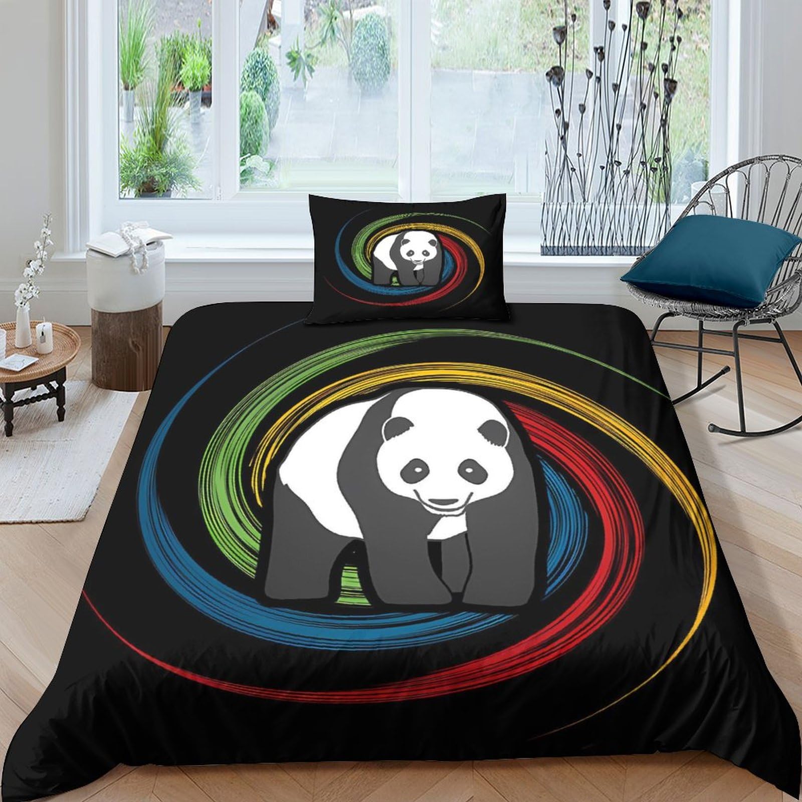 Housse de couette panda arc-en-ciel 3D parure de lit microfibre 135x200 single