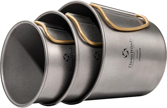 Thous Winds Titanium 250-450ml Camping Mugs Set, 3pcs with Lid & Foldable Handle