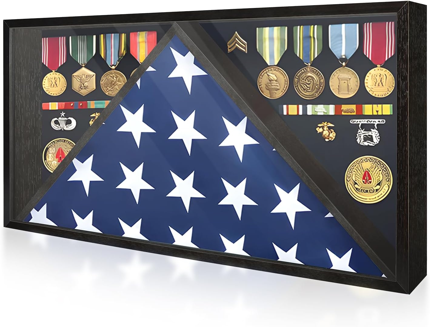 Flag Display Case for Funeral Flag, 5' x 9.5' Military Burial Flag Box with HD Tempered Glass and Removable Dividers, Memorial Flag Frame with Felt Lining for Badges Medals (Black)