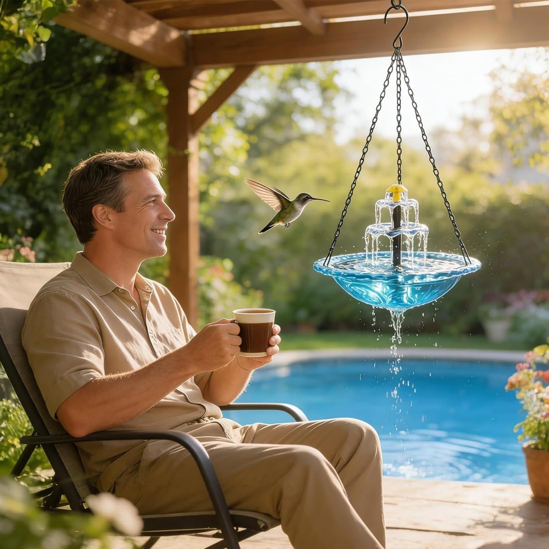 Solar Cascade Hanging Bird Bath Fountain, 1/2/ 3 Layers Hanging Bird Bath Fountain, Hummingbird Solar Powered Hanging Bird Bath Outdoor with Solar Pump/Glass Bowl (3-Layers & Fountain, C)