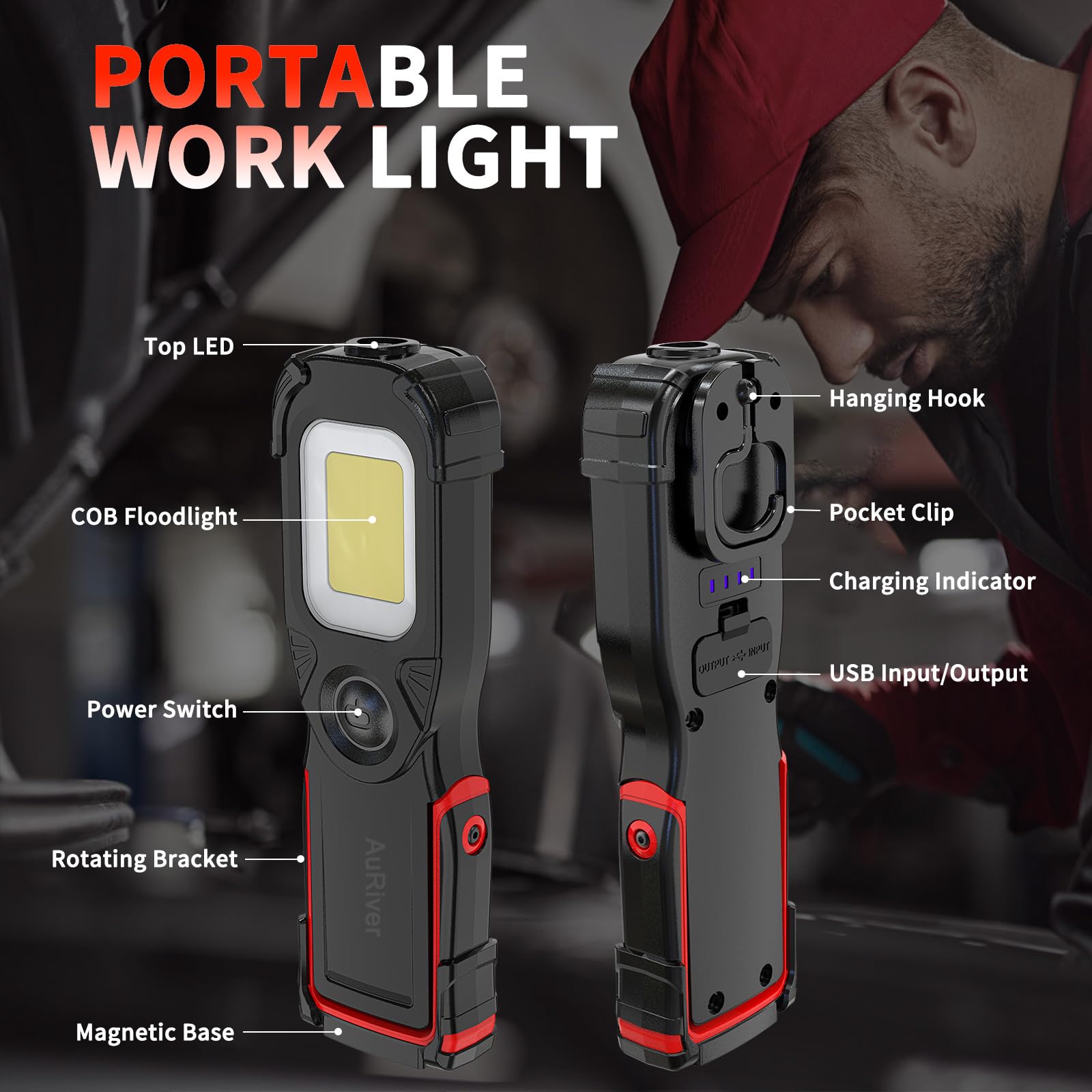 Lampe de Travail LED Rechargeable,Lampes d'inspection à LED Devant 5W COB avec Crochet et Base Magnétique pour Voiture, Camping, Urgence (Noir/R)