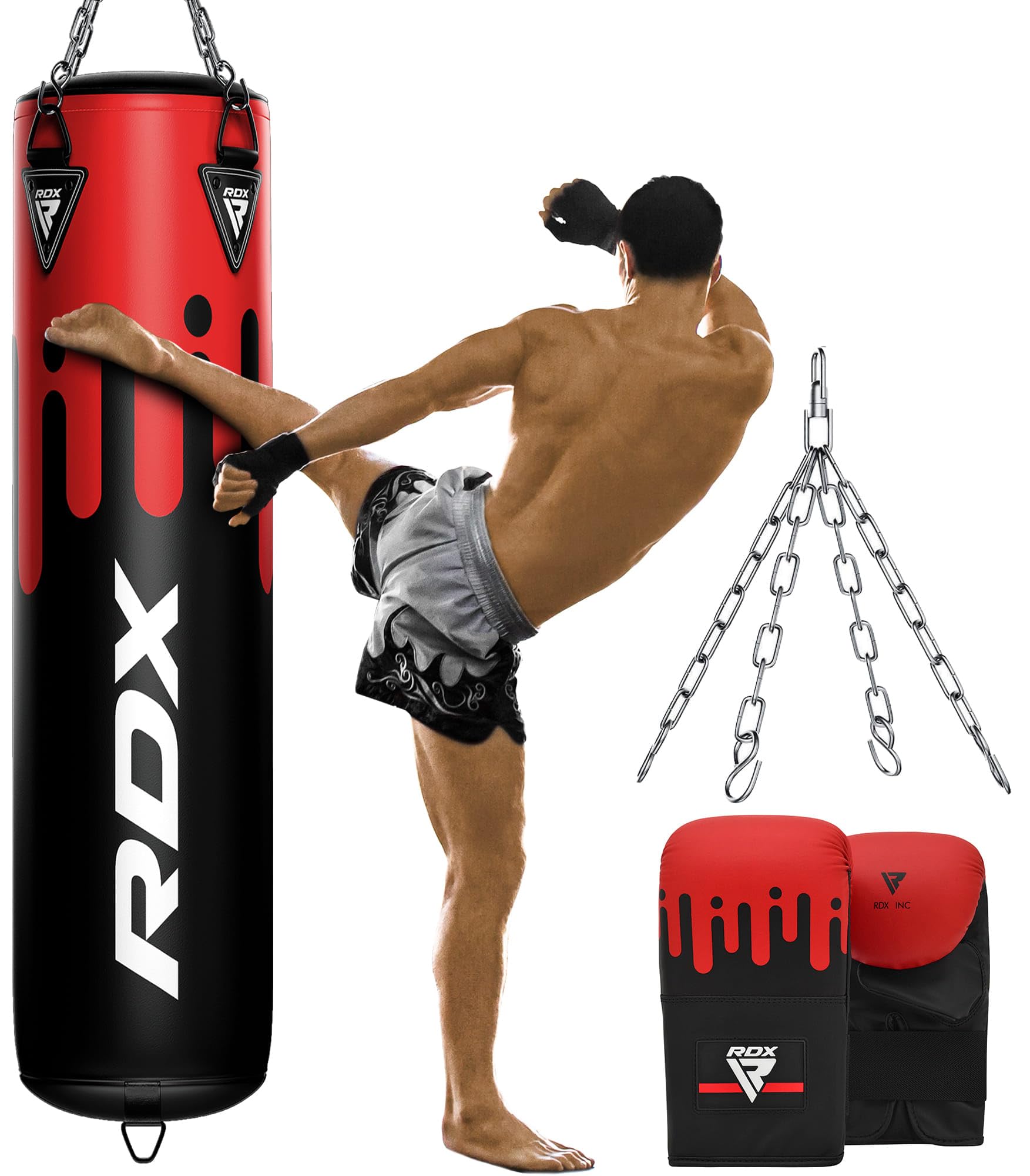 RDXPunching Bag UNFILLED Set Muay Thai MMA Training Gloves with Punch Mitts Hanging Chain, Great for Kick Boxing, Martial Arts, Available in 4FT 5FT