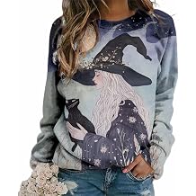 MARSVOVO Witch Sweatshirts For Women Novelty Crew Neck Horror Season Fall Halloween Witch Long Sleeve Tshirt For Women