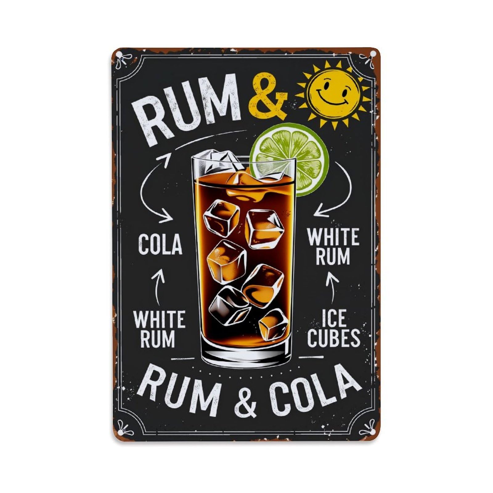 Lzwbntey Vintage Rum And Cola Cocktail Recipe Metal Tin Sign Retro Wall Decor For Home Bar Garage Cafe, Indoor & Outdoor Decorative Metal Poster, 8X12 Inch