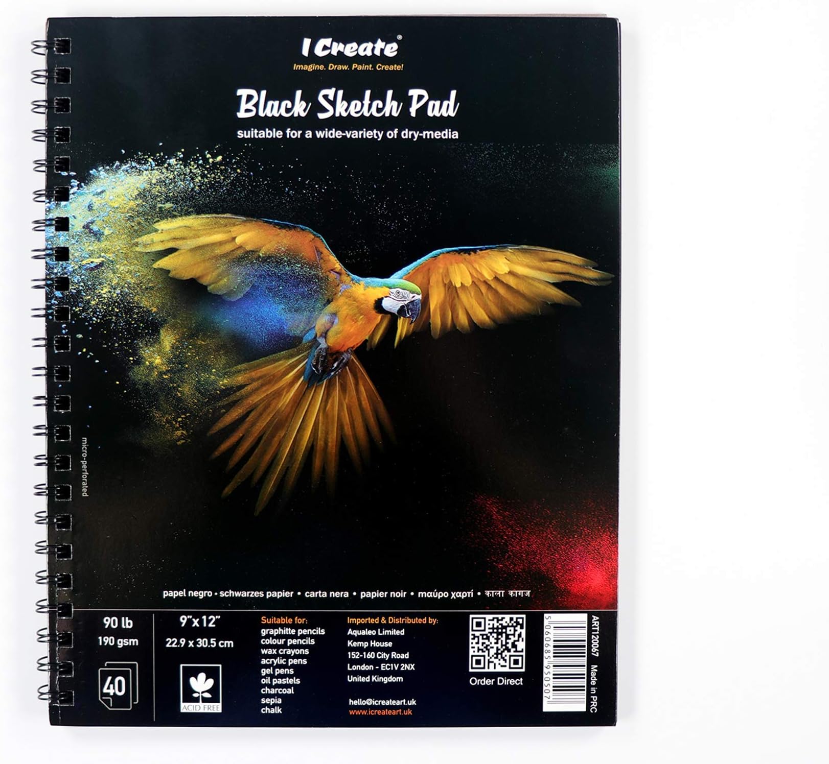 I Create 9"x12" Black Sketch Pad | 40 Sheets (190 GSM - Heavyweight Paper) | Suitable for a Wide Variety of Dry-Media Painting Techniques