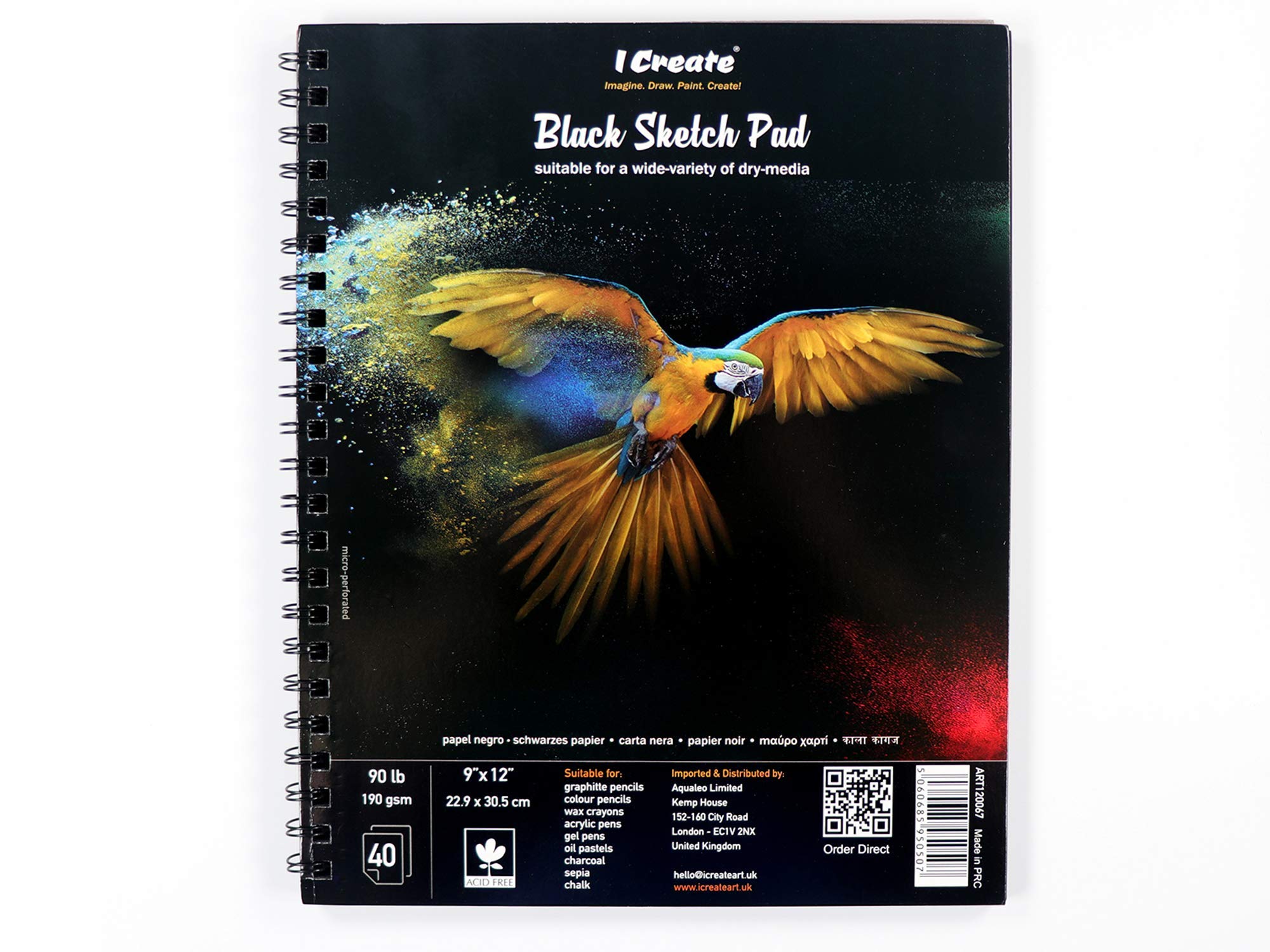 I Create 9"x12" Black Sketch Pad | 40 Sheets (190 GSM - Heavyweight Paper) | Suitable for a Wide Variety of Dry-Media Painting Techniques