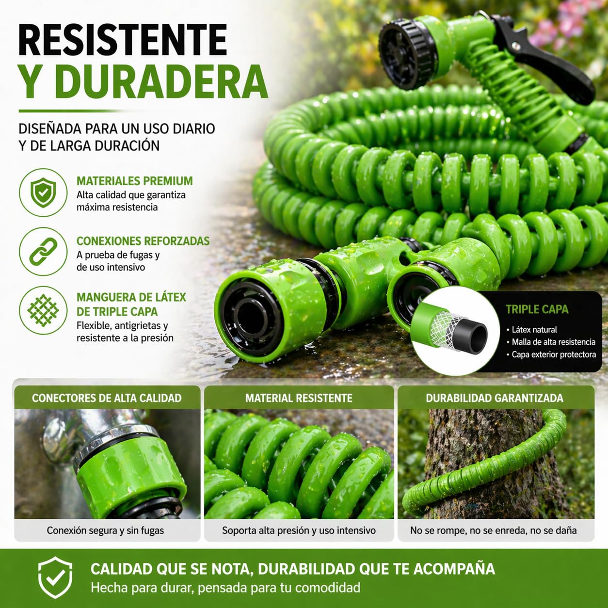 Manguera jardín espiral extensible hasta 7.5M con Pistola Rociadora 7 modalidades de riego. ideal balcones, terrazas y jardines. Manguera de agua.