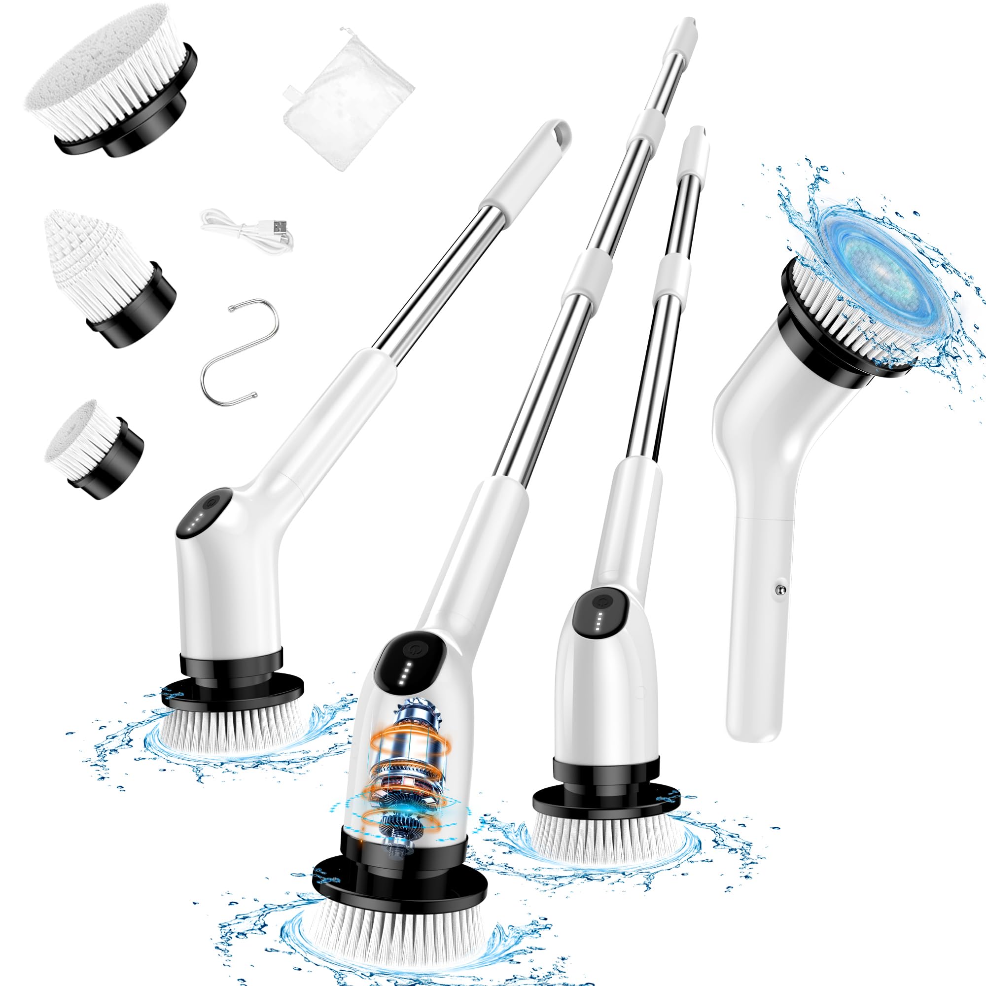 Electric Spin Scrubber, 2024 Upgrade Cordless Shower Scrubber with 8 Replaceable Brush Heads and 3 Adjustable Speeds, LED Screen and Extension Handle,Power Cleaning Brush for Bathroom Tub Grout Floor