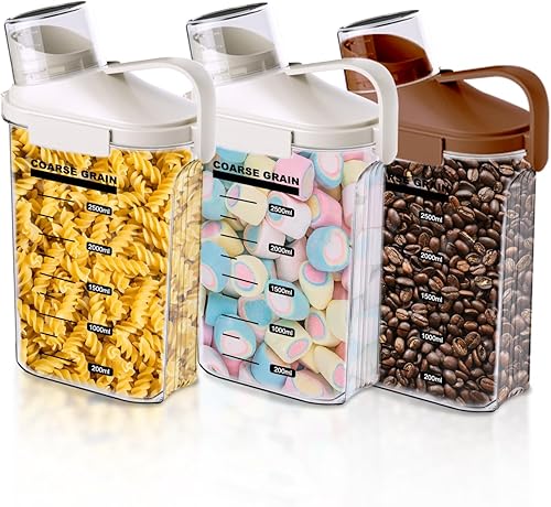 Paquete de 3 recipientes herméticos de almacenamiento de alimentos para cereales y alimentos secos con asas y tapas, recipientes de plástico