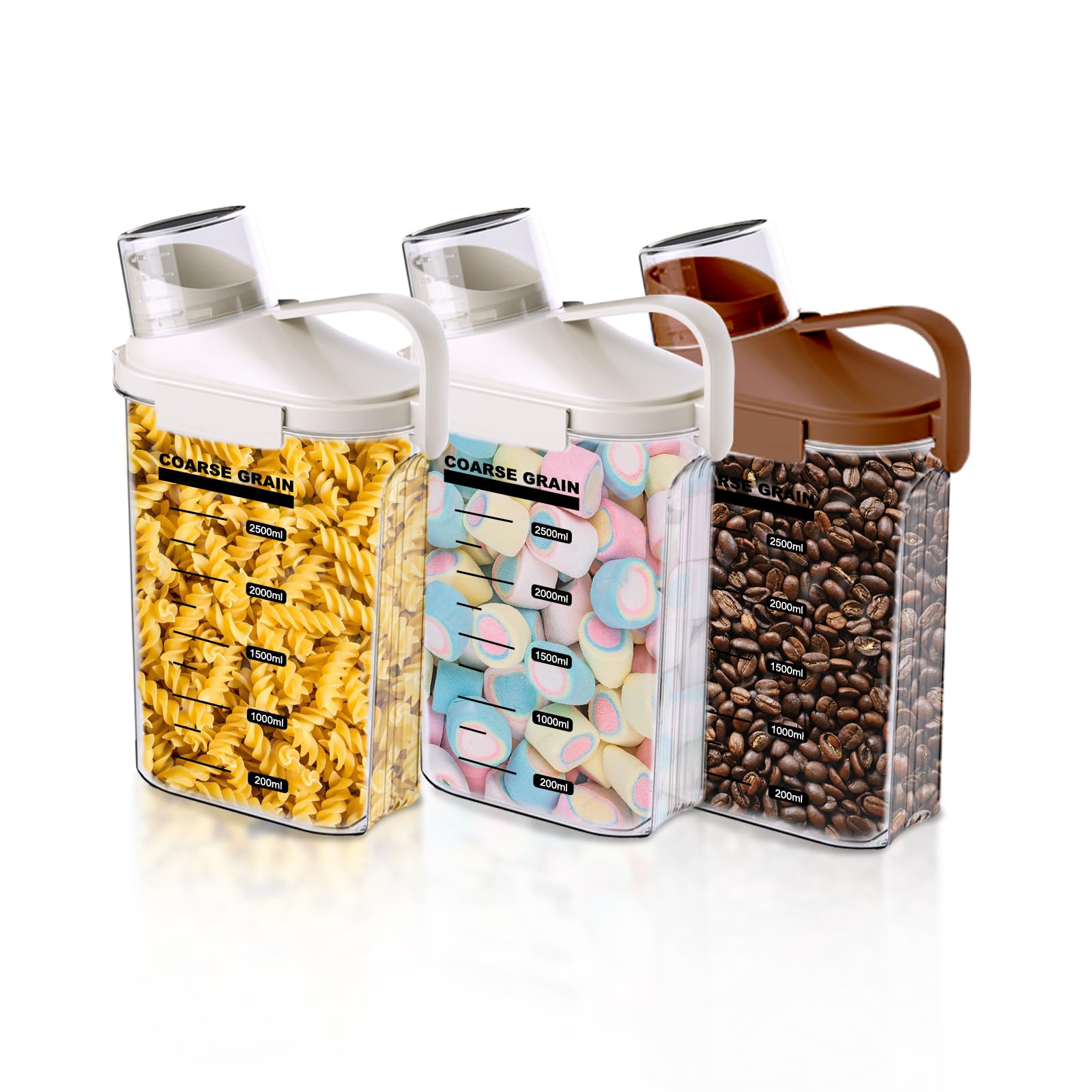 3 pack airtight food storage containers cereal & dry food storage container set with handles and lids clear plastic containers for kitchen cabinet pantry organization, 5.51lbs rice dispenser, bpa free