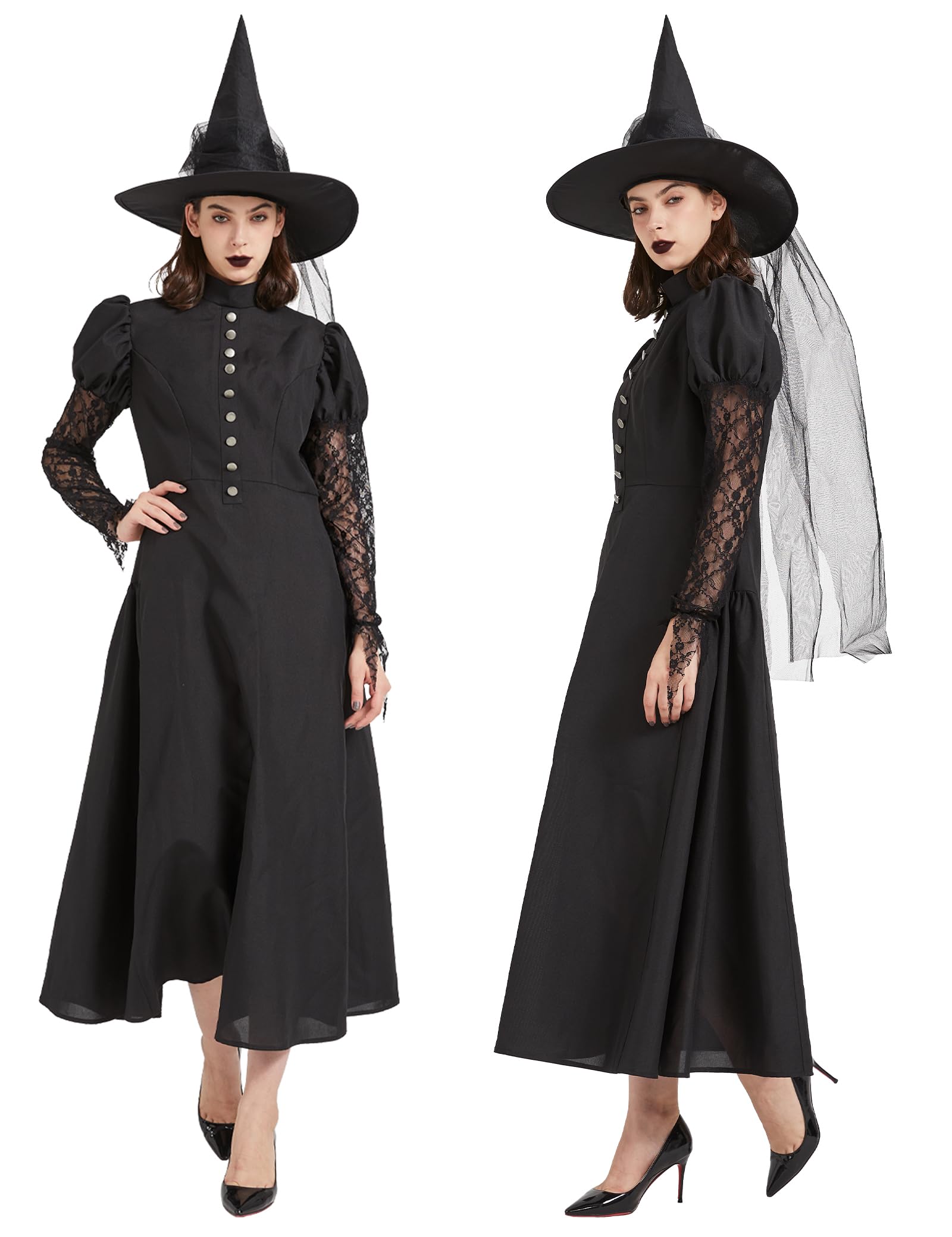 Witch Costume for Women Adult Outfit Plus Size Wicked Halloween Black Dress Witchy Wizard Costumes Gothic Cosplay