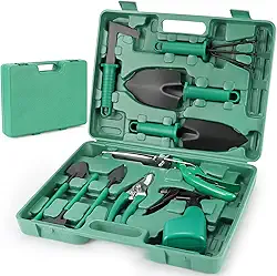 Meantem Kit de Ferramentas de Jardinagem 10 Peças, Kit Jardinagem com Maleta, Pás, Tesoura, Foice, Aço Inoxidável, Verde