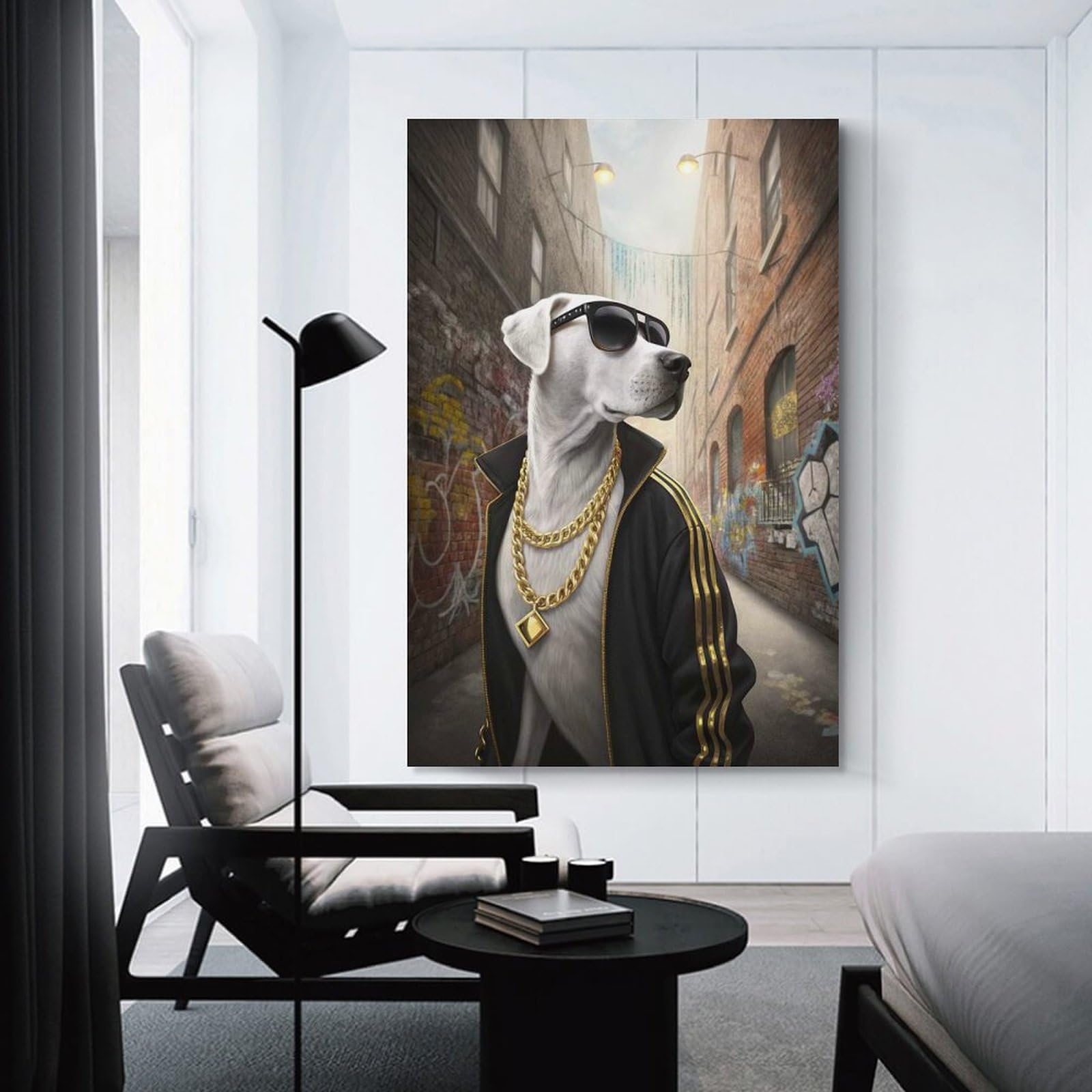 Junmoney Dog in Sunglasses And Gold Chains Canvas Wall Decor 20x30inch(50x75cm), for Corridors, Hallways Or Apartment Entries, A Stylish Accent for Home Entrances