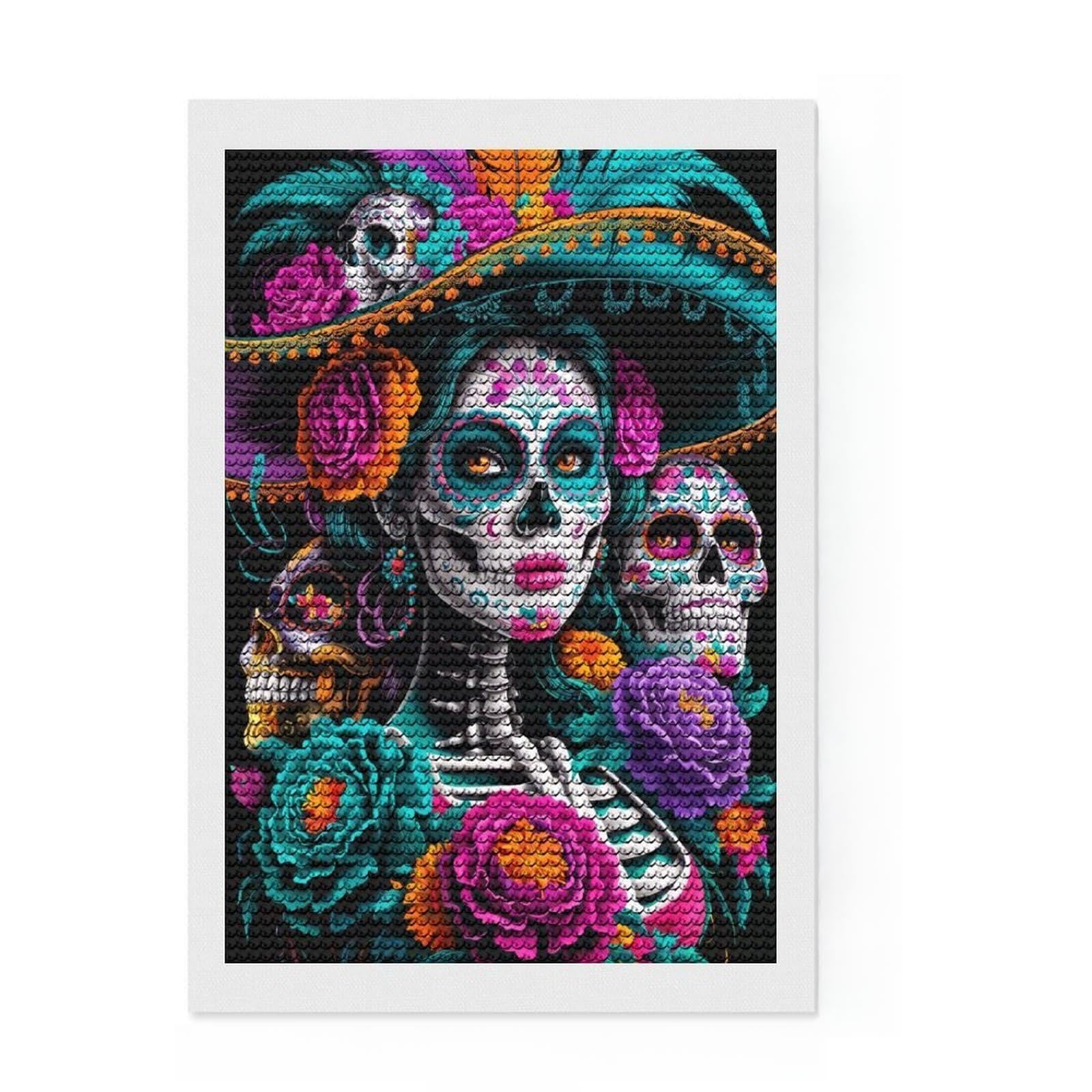Junmoney Sugar Skull Woman Round Drill Diamond Painting 8"x12", Decorate Your Room, Sparkling Round Gems, Adhesive Canvas, Bedroom Decor