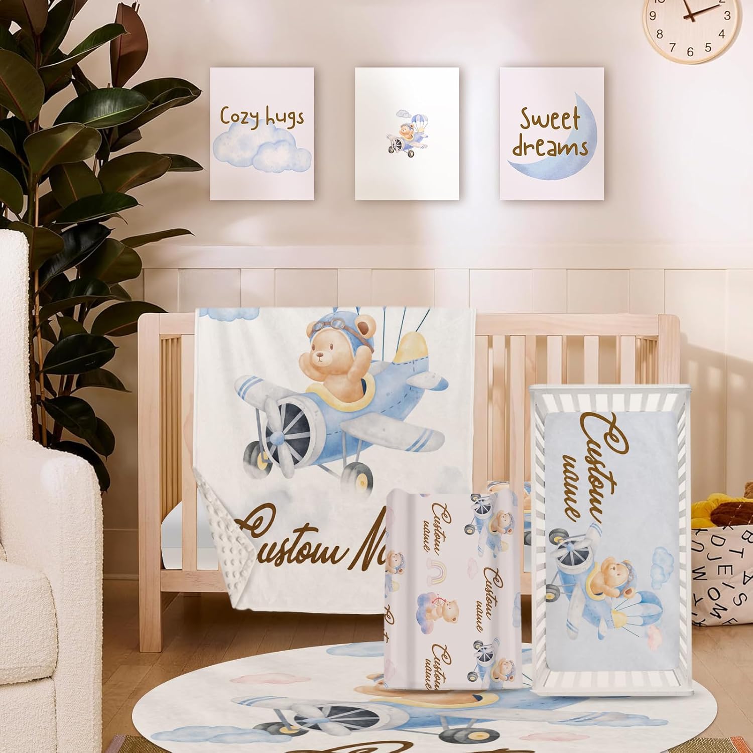 Aviator Bear Personalized Baby Crib Bedding Set, Custom Name Nursery Crib Set 5-Piece - Baby Blanket Fitted Sheet Changing Pad Cover Room Rug and Wall Art, Newborn Nursery Decor