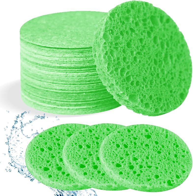 Esponjas Faciais Comprimidas de Celulose Redondas Verdes Spunspon — Pacote com 50