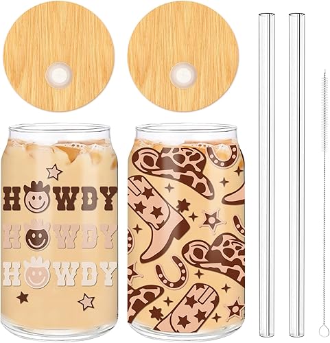 Whaline Paquete de 2 vasos de vaquero de 16 onzas, sombrero de vaquero, taza de café helado marrón con tapas de bambú, cepillos de limpieza de
