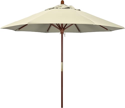 California Umbrella 9' Round Hardwood Frame Market Umbrella, Stainless Steel Hardware, Push Open, Antique Beige Olefin