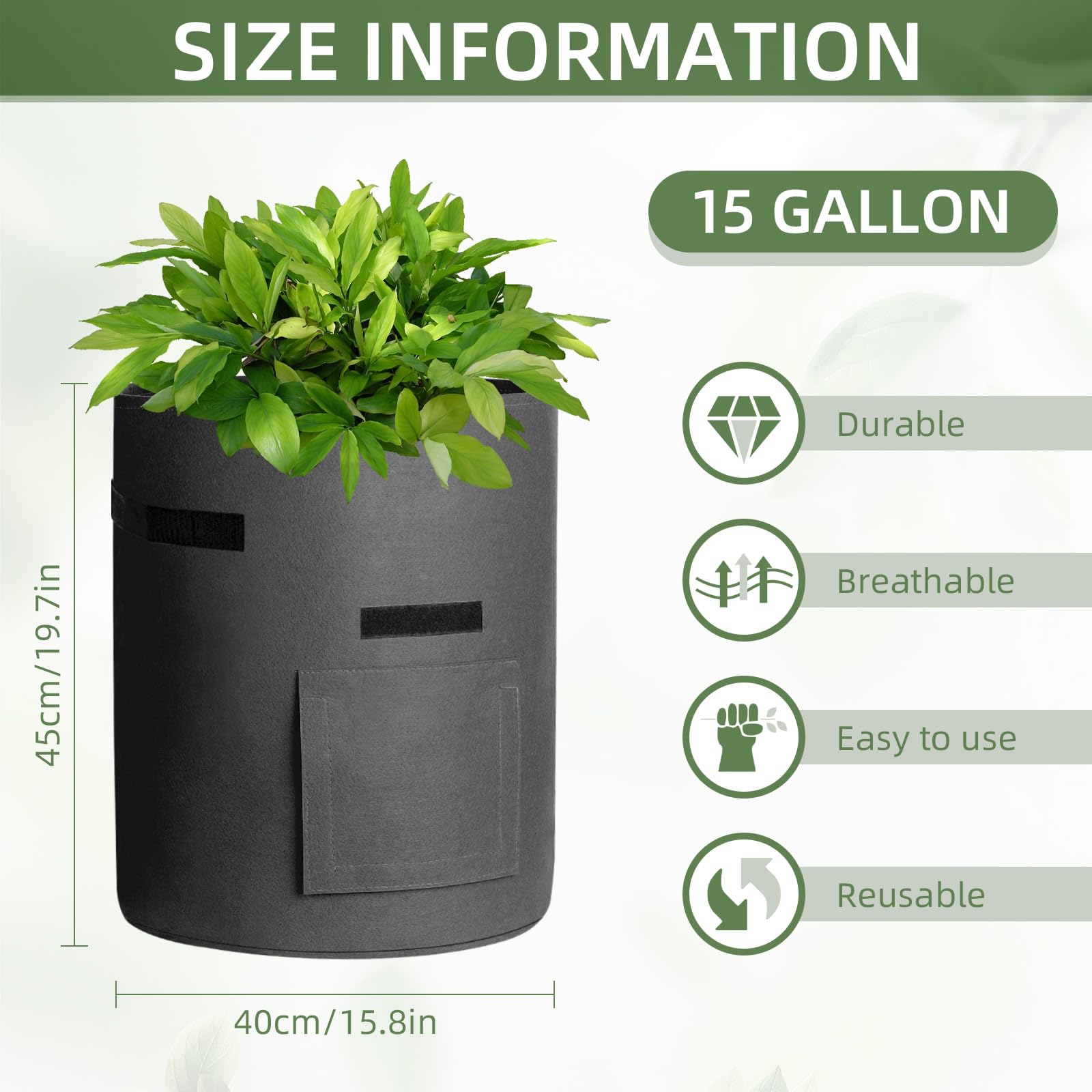 Cskunxia 6 Pack 15 Gallon Potato Grow Bag, Non-Woven Fabric Potato Planting Bag, Plant Grow Bags with Handles - Image 2