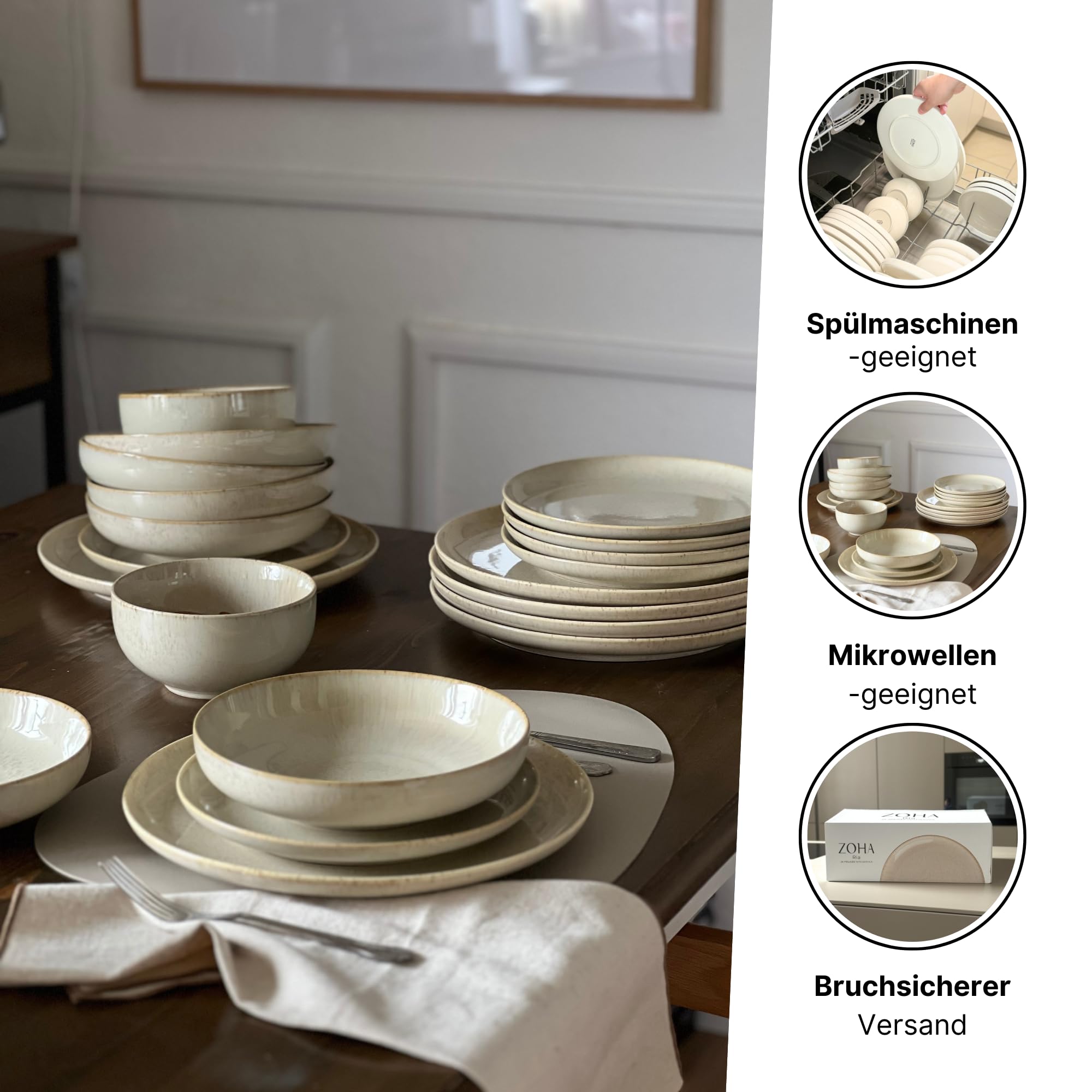 Zoha Ria Plate Set for 6 People 24 Piece Porcelain Modern Beige