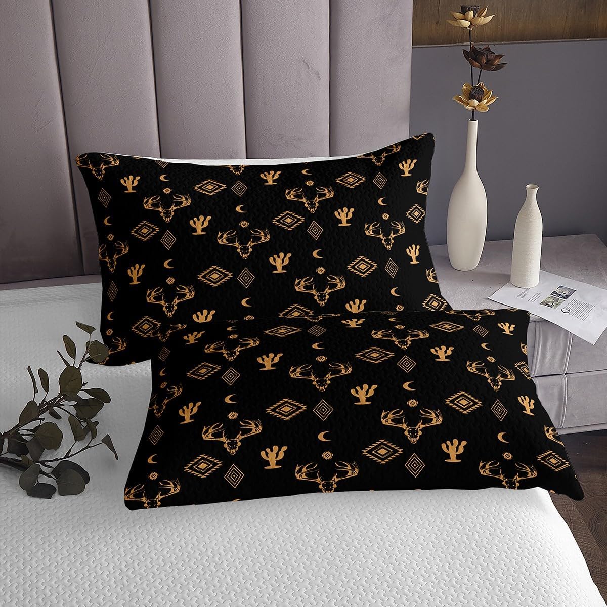 Feelyou Deer Skull Bedspread Ethnic Horns Bohemian Bedspread for Kids Boys Girls Tribal Symbol Coverlet Set Abstract Geometric Quilted Bedroom Collection 2Pcs Twin Size