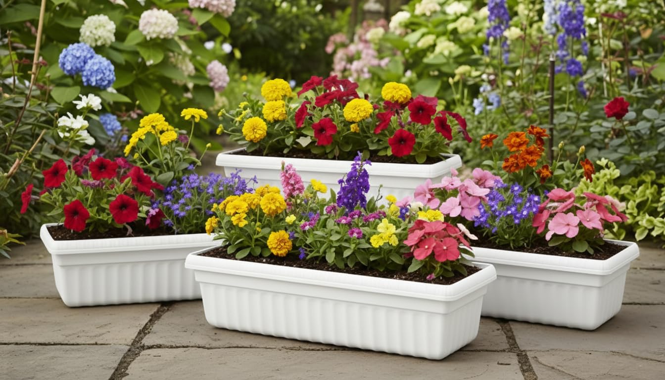 Rectangular Plastic Planter Box, White, 63.5 cm, Heavy Duty Window Box for Balcony and Garden, Indoor Outdoor Flower and Herb Planter with Drainage, Set of 4