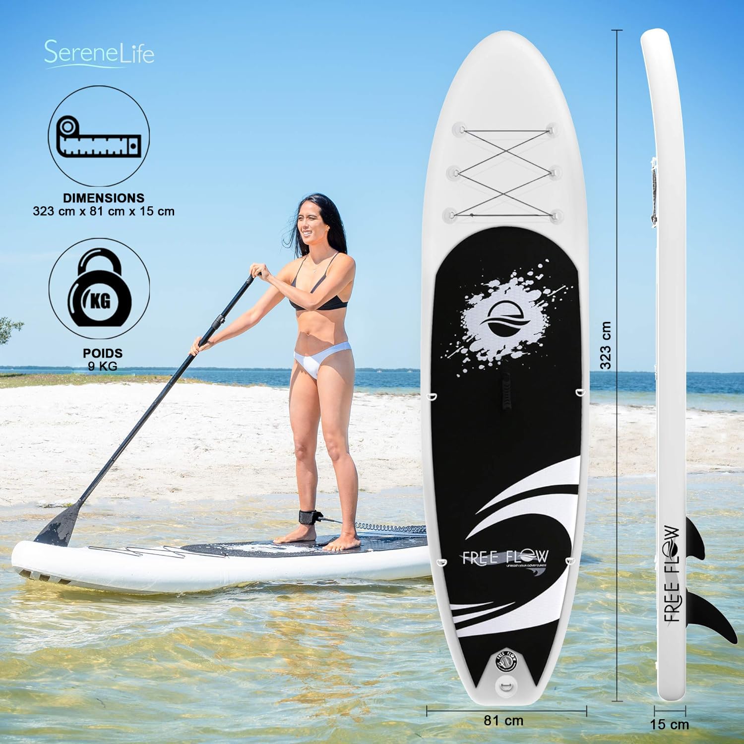 SereneLife Stand Up Paddle Gonflable Adulte 6” – Planche de Paddle avec Accessoires Sup, Sac de Transport, Pont Antidérapant, pour Mer, Lac, Rivière