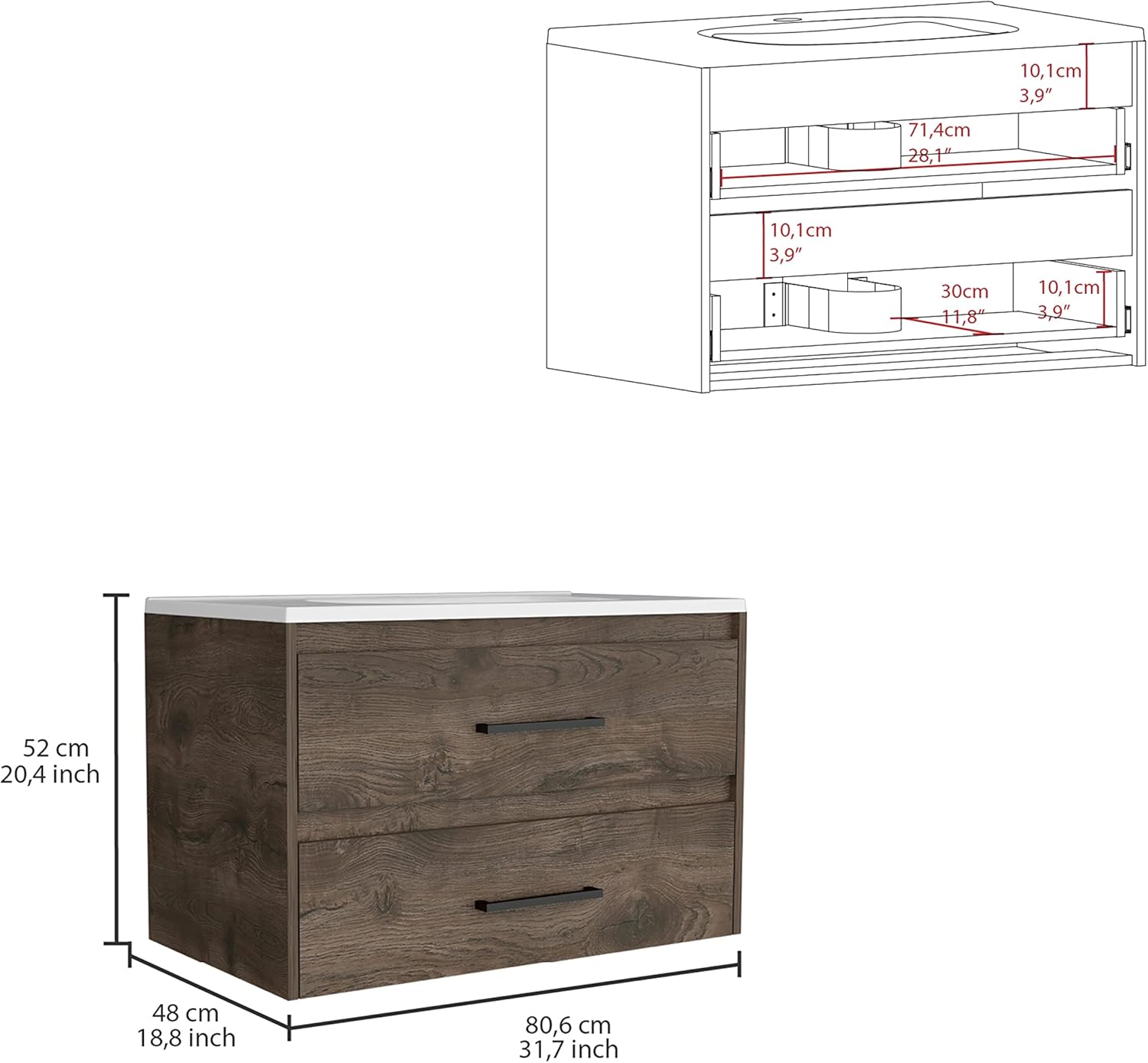 FM FURNITURE Maine Floating Vanity Bathroom with 2 Drawers and Handles, Dark Brown/White
