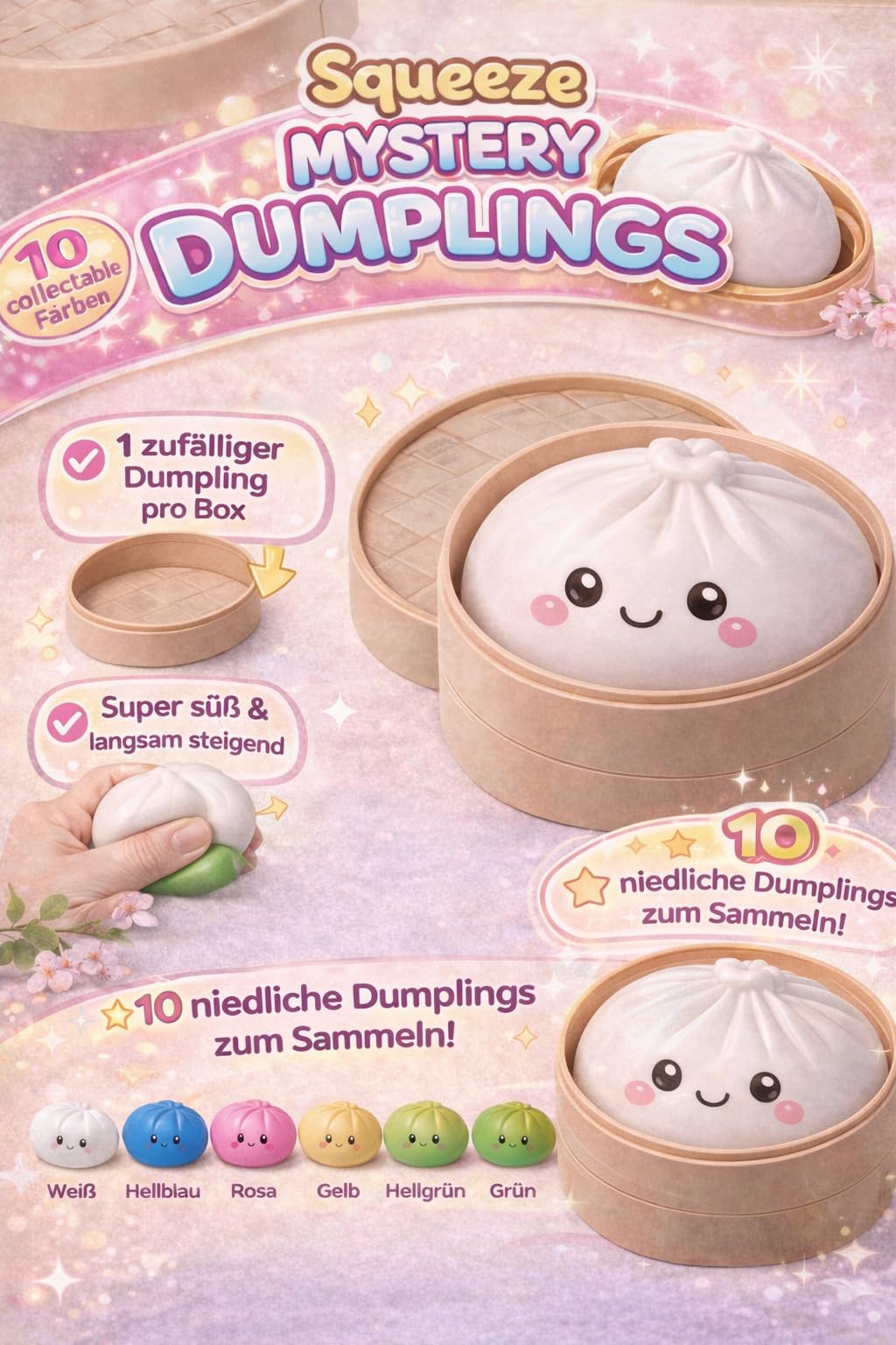 XXL Mystery Dumplings Squishy Squeeze Buns con scatola (9,5 cm) – Viral Trend Anti Stress Giocattolo da schiacciare – Pallone da impastare in colore a sorpresa – Fidget Toy idea regalo