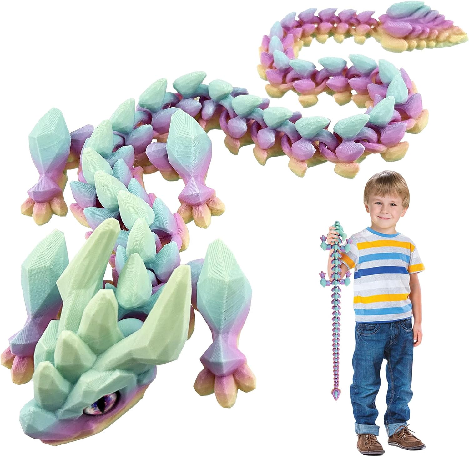 30in Large 3D Printed Articulated Dragons Toy with Eyes, Stress Relief 3D Printed Toys for Anxiety & ADHD,Unique Mystery Crystal Fidget Animal for Home Office Decor （Rainbow 2）