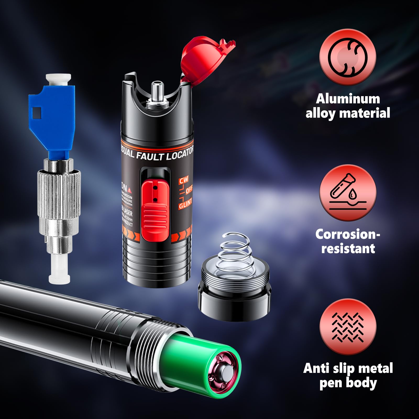 100MW Glasfaserkabeltester, Glasfaser-Kabel Tester, Visuelle Fehlersuche, Faser Kabel Tester, VFL-Rotlicht-Stiftanzug für 2,5 mm FC, SC, ST Stecker (Rotes Licht-100mW-Lademodell)