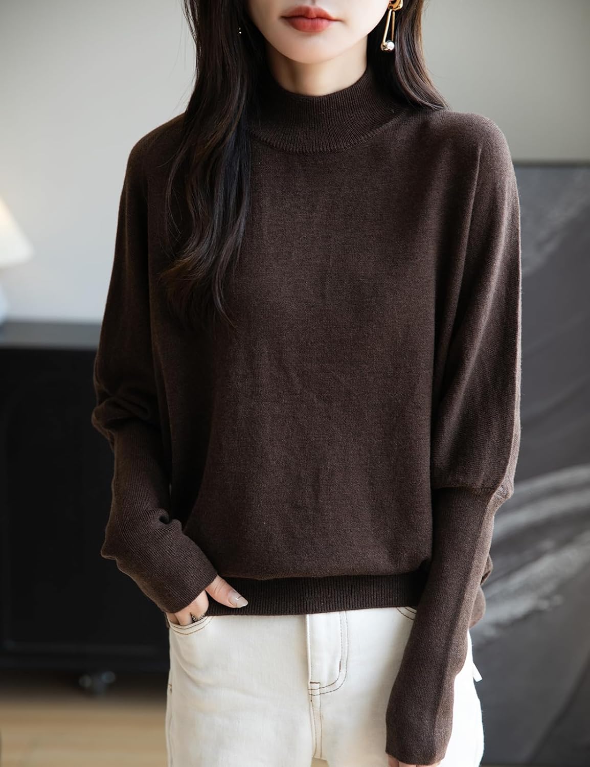 Women's Merino Wool Blend Oversized Sweater 2025 Fall Winter Fashion Mock Neck Batwing Sleeve Knit Pullover Sweater - Image 2