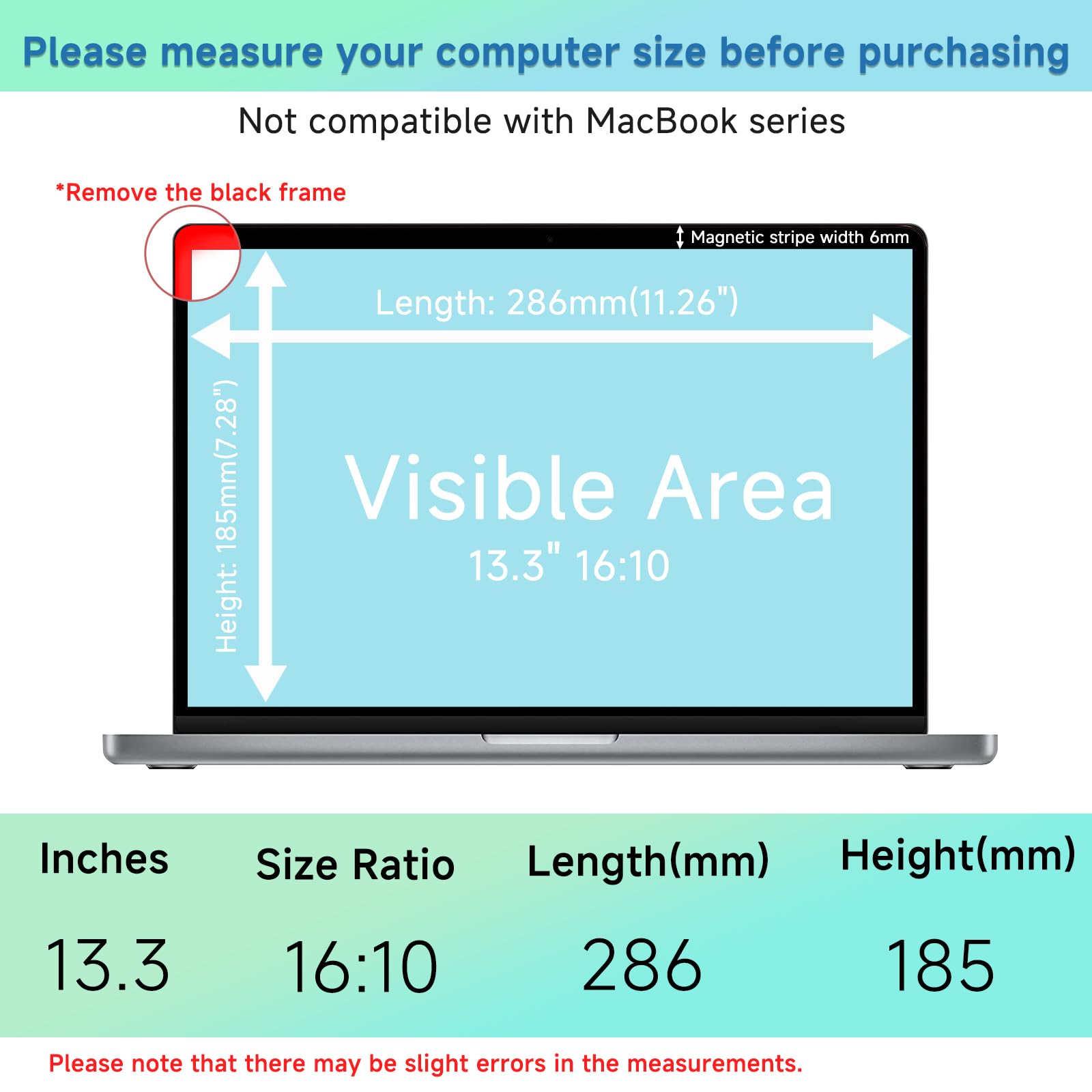Filtro Magnetico Privacy per 13.3 Pollici 16:10,Rimovibile Pellicola Schermo Protezione,Anti Luce Blu Antiriflesso, Anti-Spia,per HP/dell/Acer/Lenovo/Thinkpad/Samsung/ASUS/Sony