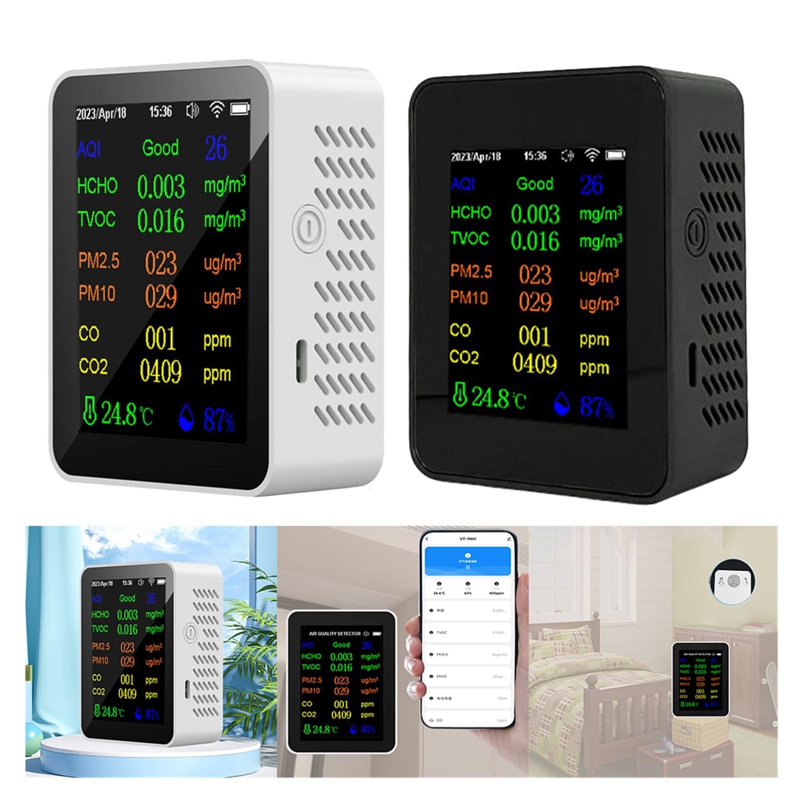 Monitor jakości powietrza Monitor jakości powietrza 12 w 1 przenośny Monitor CO2 kolorowy ekran detektor dwutlenku węgla z wyświetlaczem czasu/daty do użytku w pomieszczeniach(White 12 In 1)