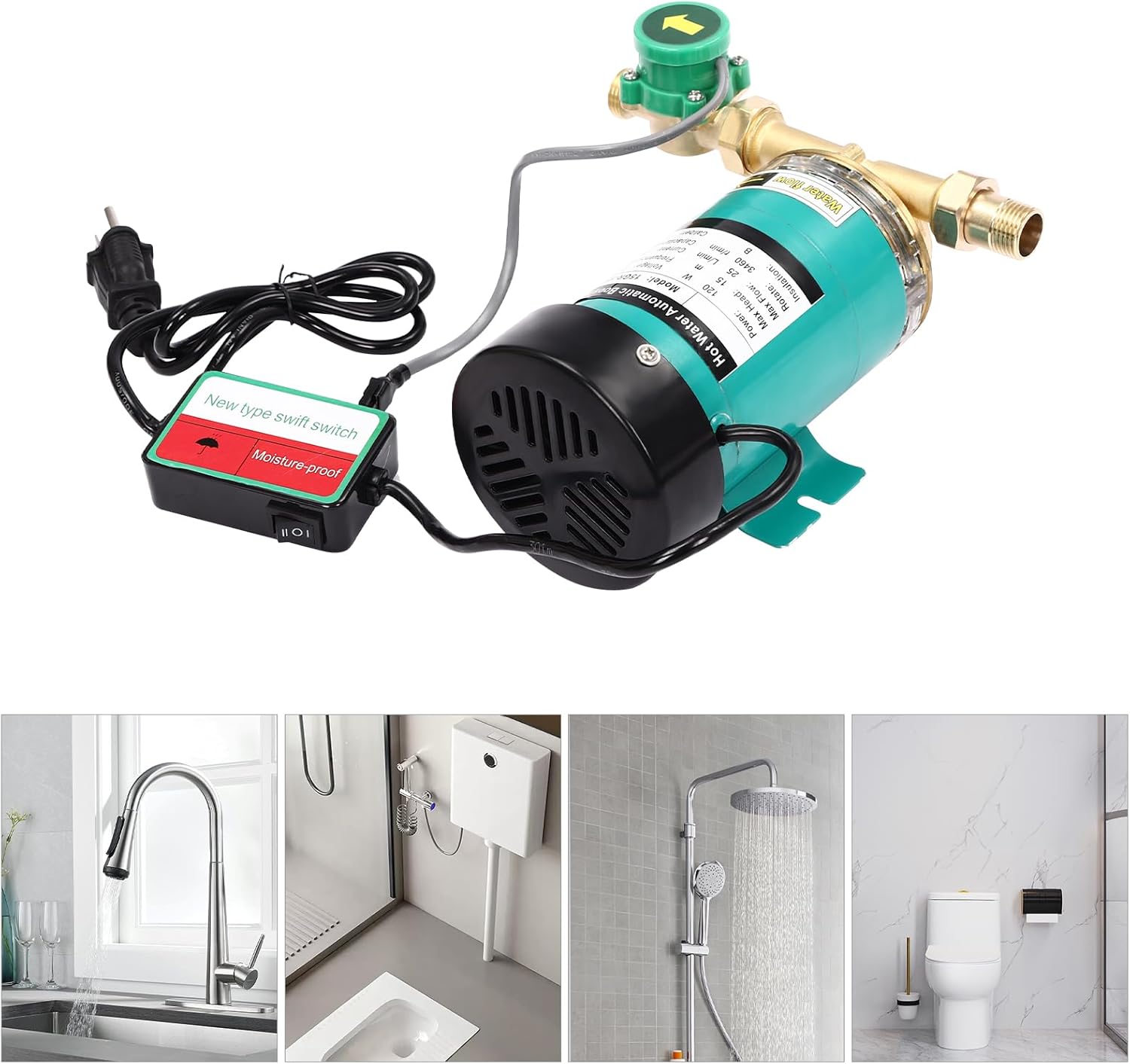 Booster Pump, Household Shower Booster Pump, 396GPH Automatic Water Pressure Booster Pump, 21.7PSI/49.2ft Water Pressure Pump w/Water Flow Switch 15GR-15 (Outlet Diameter: 3/4")